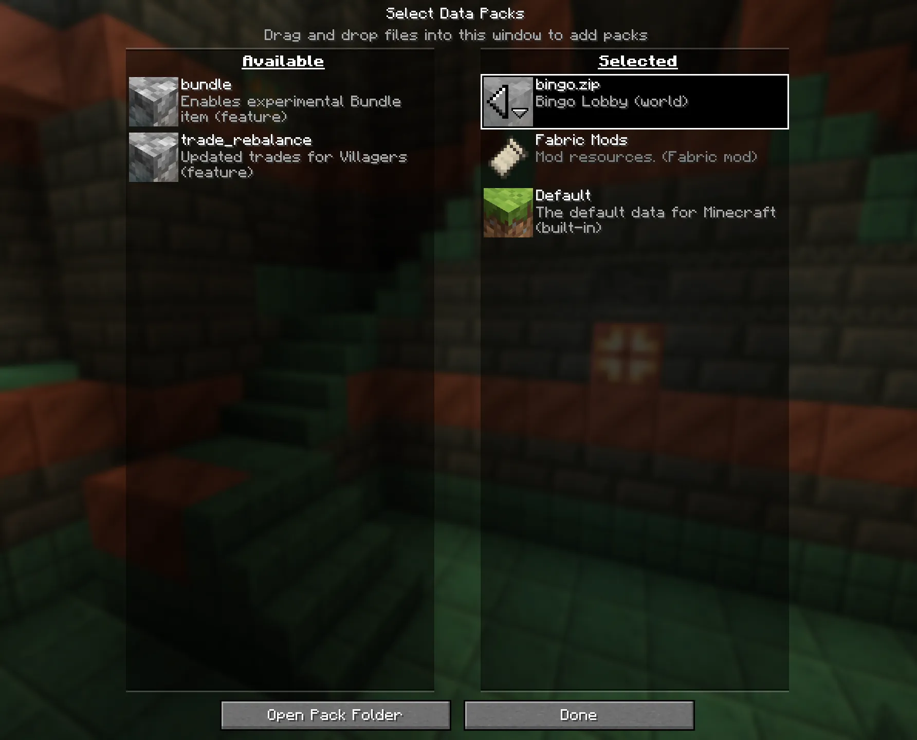 The “bingo.zip” datapack is selected