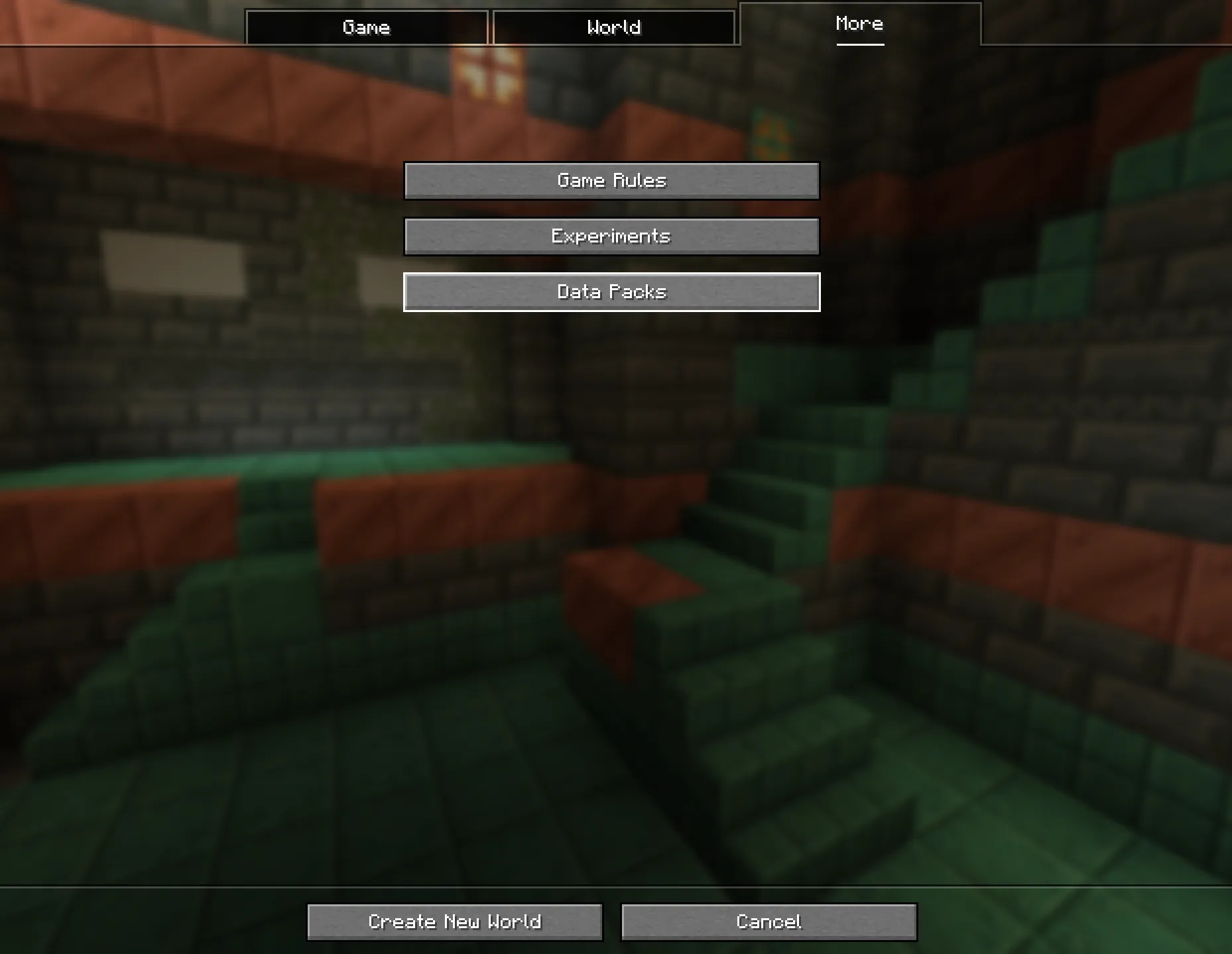 The “Datapacks” button on the create world screen