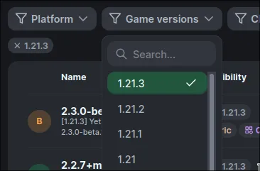 A “game versions” dropdown menu with 1.21.3 selected.